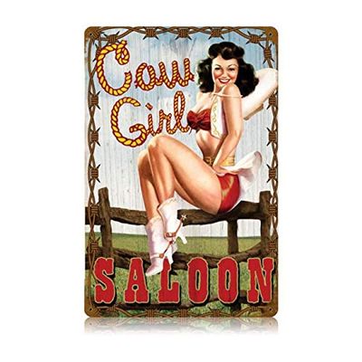 12 X 18 Vintage Metal Sign - Cowgirl Saloon/W Wood Frame/W Wood Frame