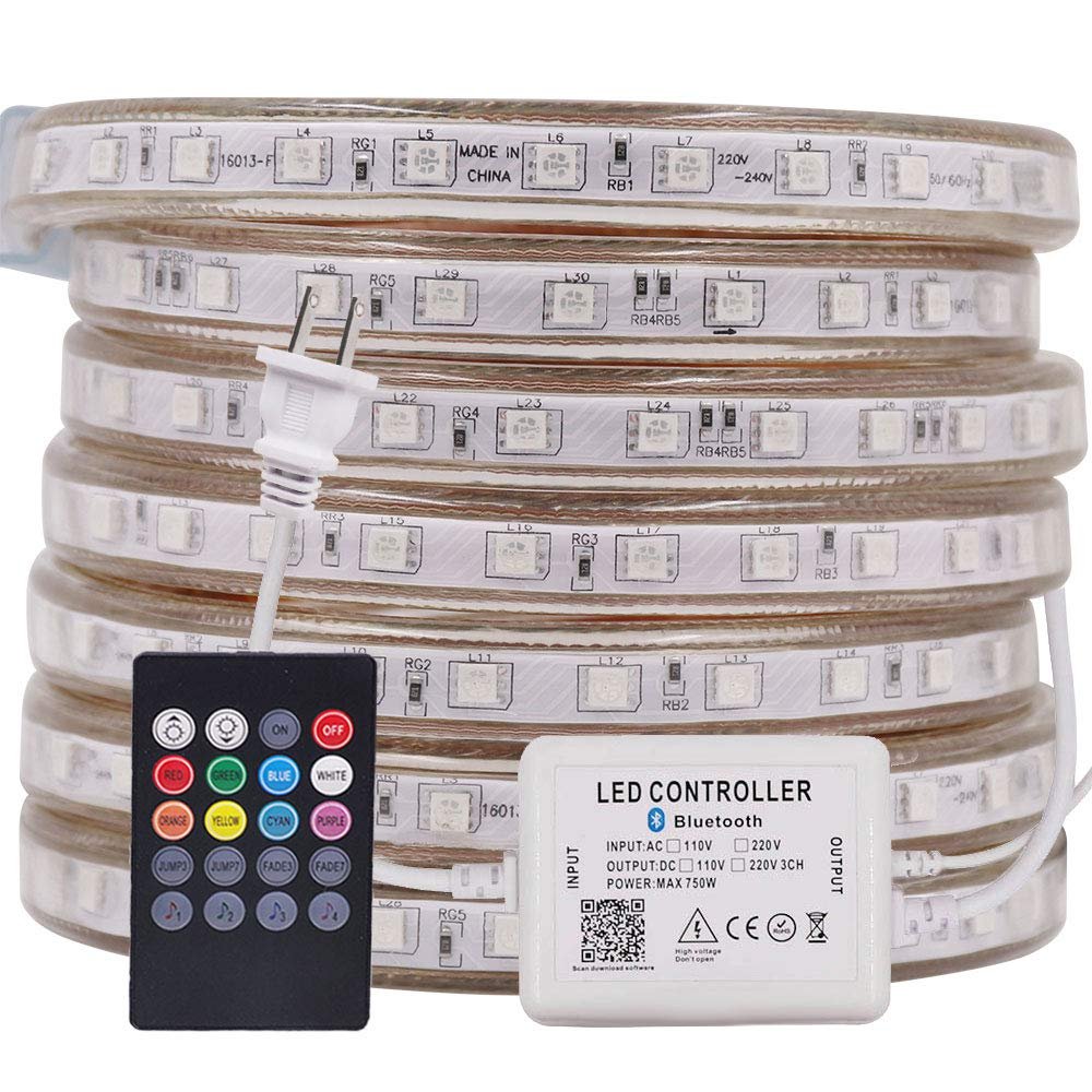 XUNATA LED Strip Lights, Bluetooth Control RGB 110-120V SMD 5050 60 LEDs/m Waterproof Rope Light Strip with 20Key IR Remote, Work with iOS & Android Music Time Control System(66ft/20m)