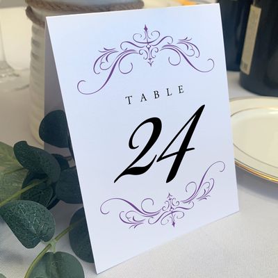 Classic Flourish Wedding Table Numbers, Purple, 1-80, Double Sided, Tent or Use in a Stand, Great for Parties & Restaurants - Made in the USA