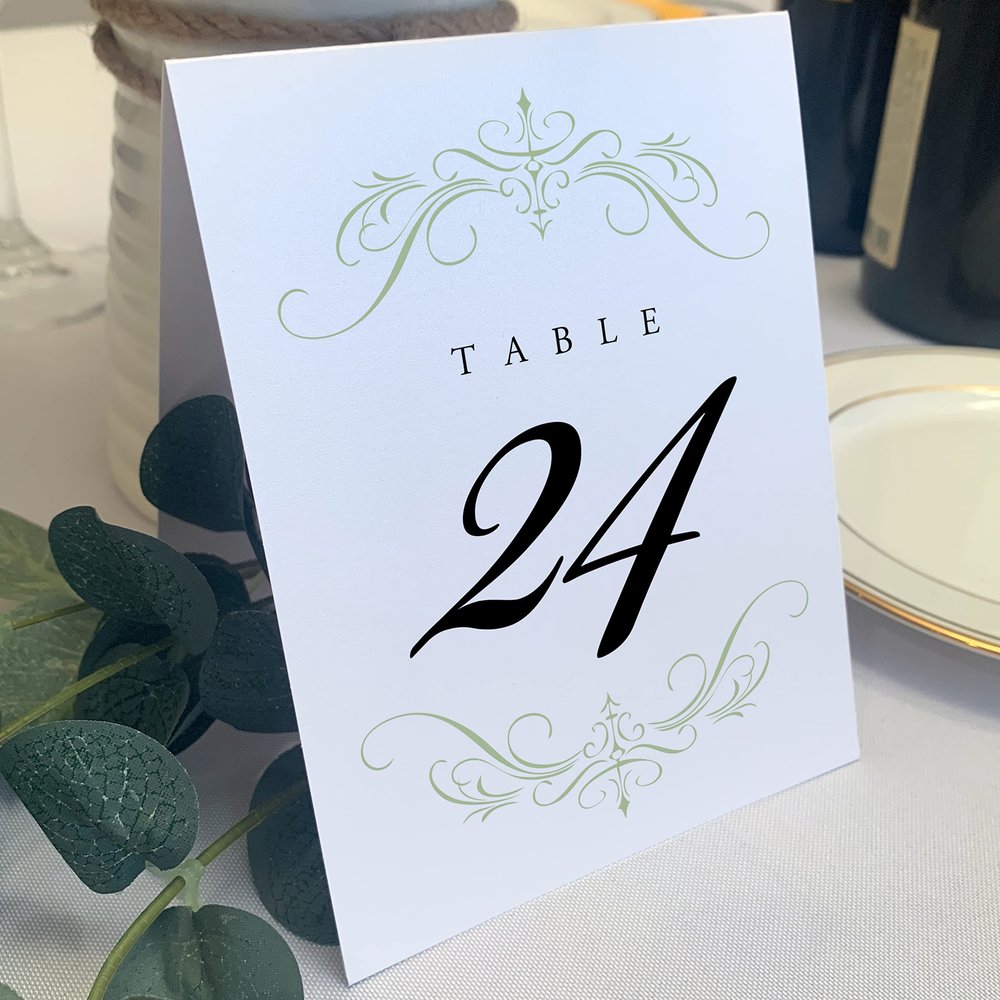 Classic Flourish Wedding and Event Table Numbers, Sage, 1-50, Double Sided, Tent or Use in a Stand, Great for Parties & Restaurants - Made in the USA