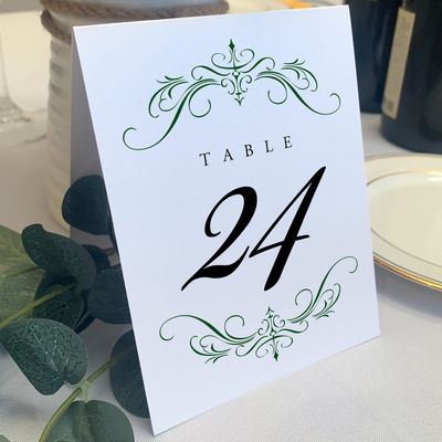 Classic Flourish Wedding Table Numbers, Hunter Green, 1-80, Double Sided, Tent or Use in a Stand, Great for Parties & Restaurants - Made in the USA