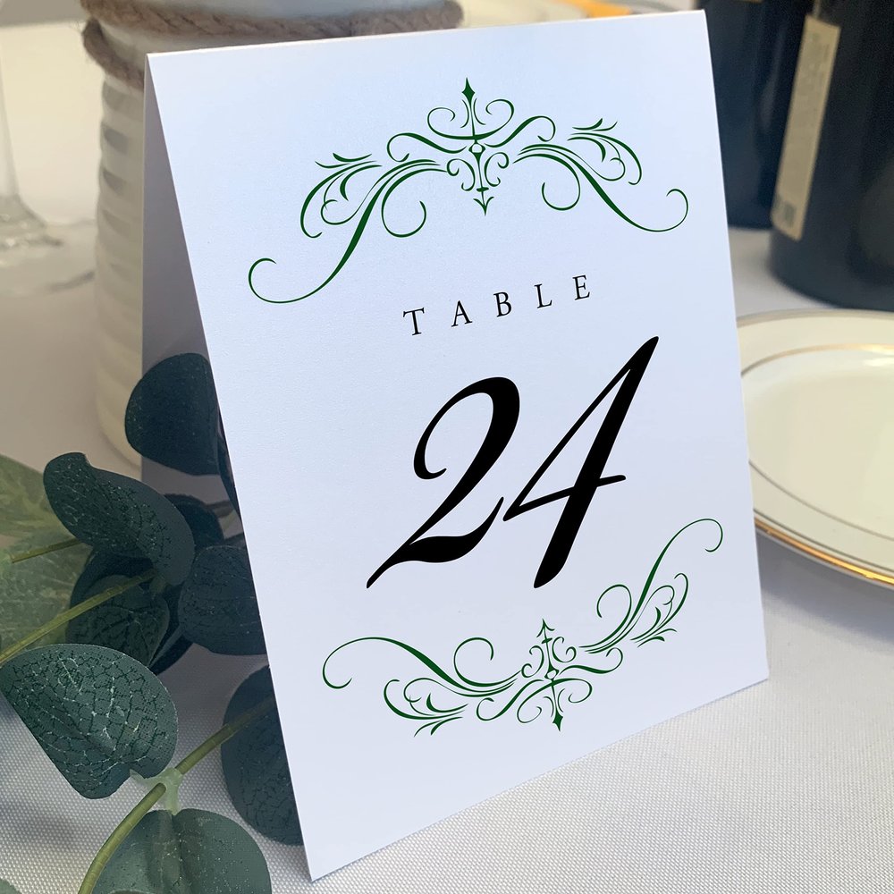 Classic Flourish Wedding Table Numbers, Hunter Green, 1-80, Double Sided, Tent or Use in a Stand, Great for Parties & Restaurants - Made in the USA