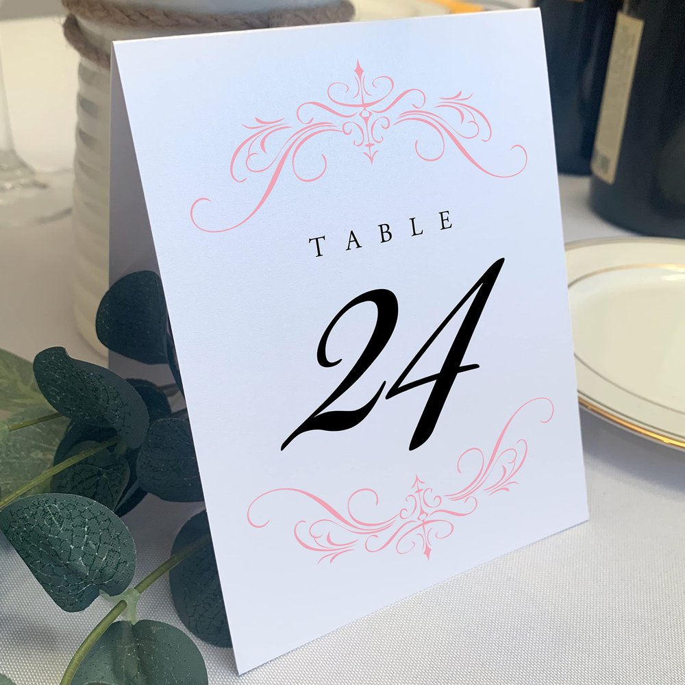 Classic Flourish Wedding Table Numbers, Pink, 1-80, Double Sided, Tent or Use in a Stand, Great for Parties & Restaurants - Made in the USA