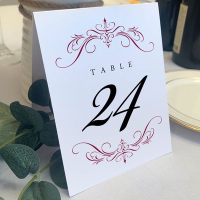 Classic Flourish Wedding Table Numbers, Burgundy, 1-80, Double Sided, Tent or Use in a Stand, Great for Parties & Restaurants - Made in the USA