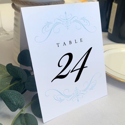 Classic Flourish Wedding Table Numbers, Light Blue, 1-80, Double Sided, Tent or Use in a Stand, Great for Parties & Restaurants - Made in the USA