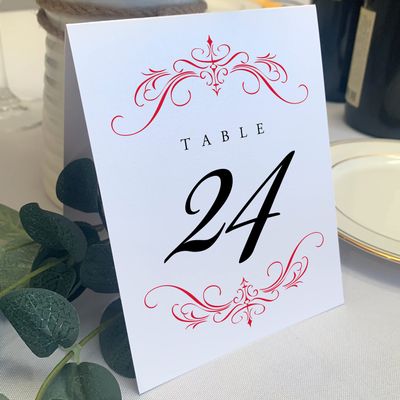 Classic Flourish Wedding Table Numbers, Ruby Red, 1-80, Double Sided, Tent or Use in a Stand, Great for Parties & Restaurants - Made in the USA
