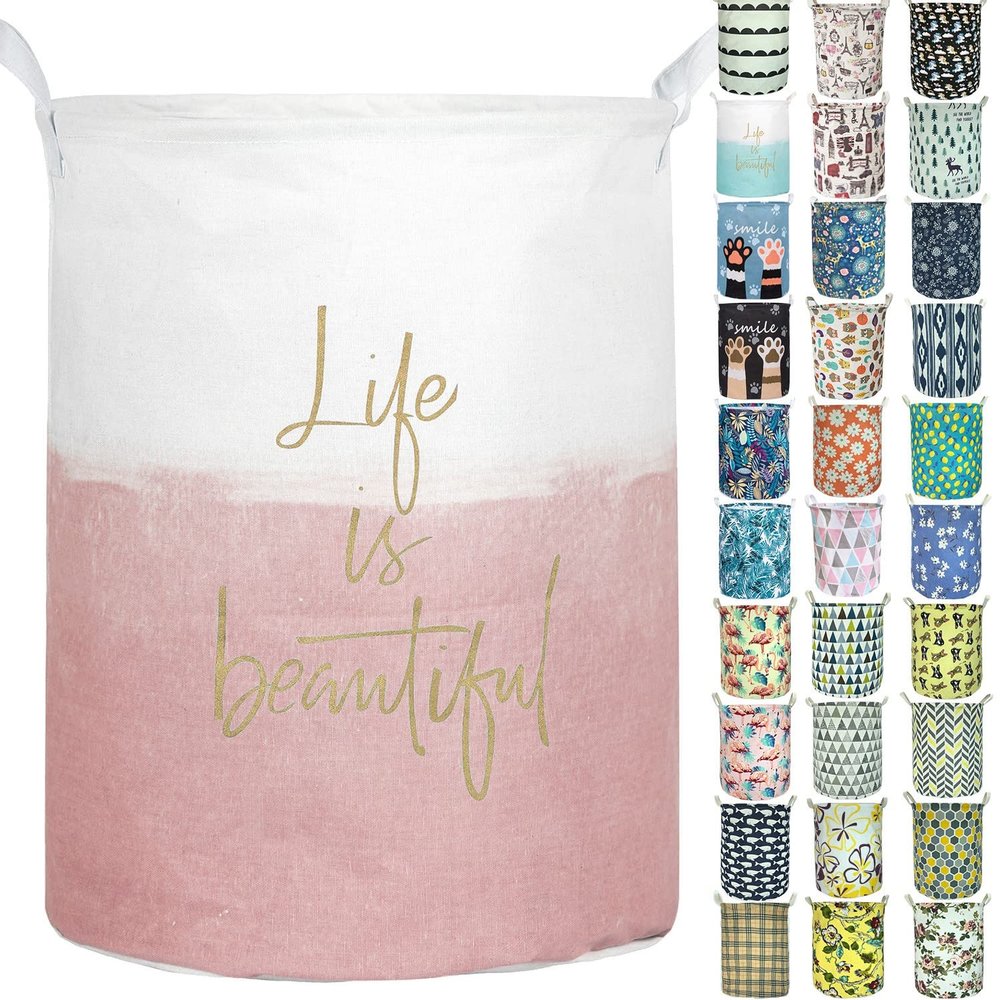 Aouker Merdes 19.7 Waterproof Foldable Laundry Hamper, Dirty Clothes Laundry Basket, Linen Bin Storage Organizer for Toy Collection (Life Pink)