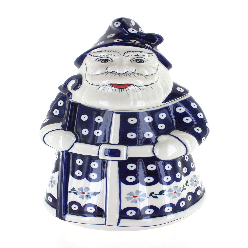 Blue Rose Polish Pottery - Blue Violet Santa Cookie Jar - 12" Tall - Festive Santa Design, Perfect Holiday Gift & Decorative Cookie Storage