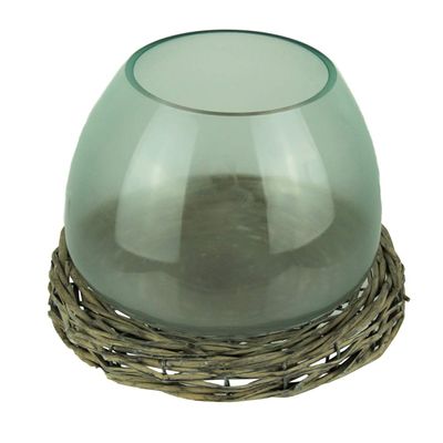 8 Inch Diameter Glass Terrarium Vase with Wicker Base