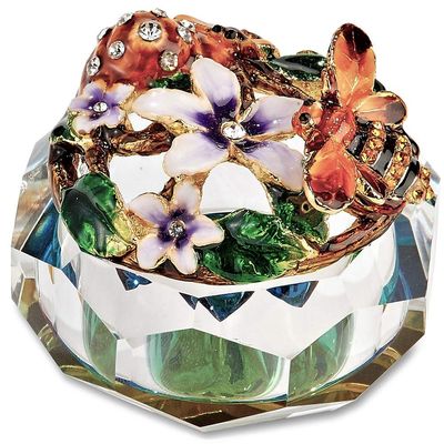 Kubla Crafts Enameled Bees, Honeycomb and Flowers with Cut Glass Trinket Box, Ac