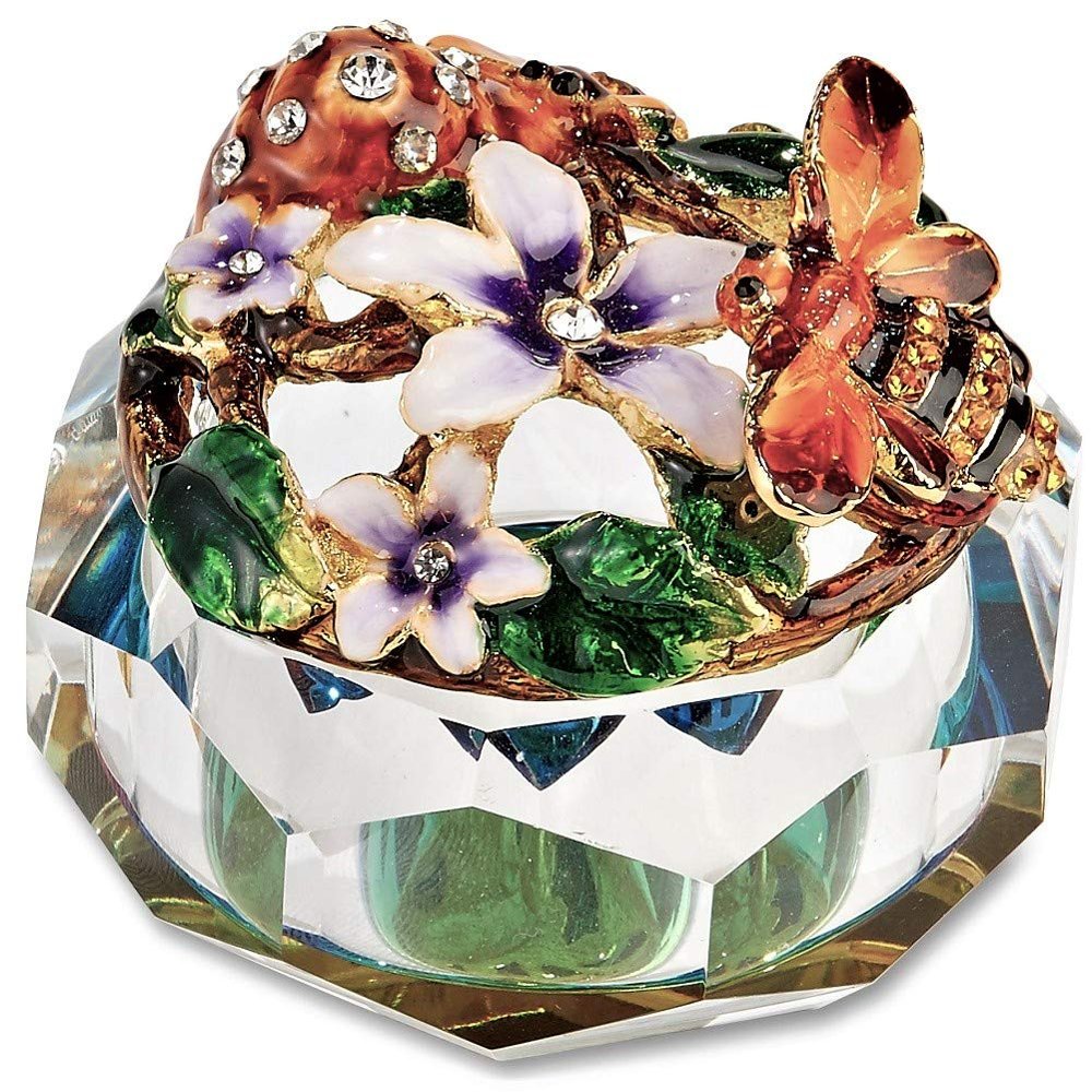 Kubla Crafts Enameled Bees, Honeycomb and Flowers with Cut Glass Trinket Box, Ac