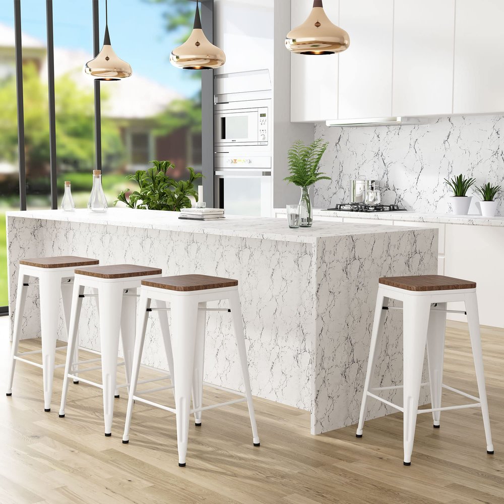 Andeworld Bar Stools Set of 4 Stackable Metal Bar Stools Industrial Counter Height Stools Backless Barstools with Wooden Seats (24 inch, White with Wooden Seats)