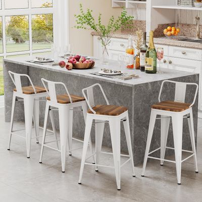 Andeworld Metal Bar Stools Set of 4 Kitchen Counter Stools Bristro Barstools Industrial Bar Stools (24 Inch,Cream White with Wooden Seats)