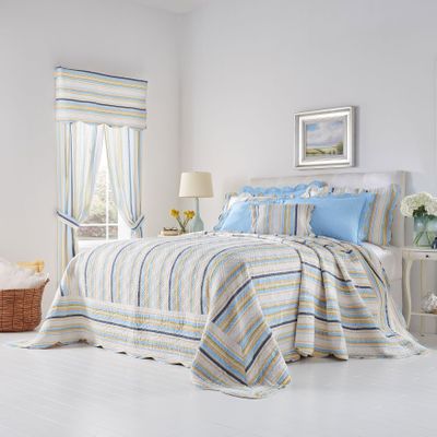 BrylaneHome Bedding Lightweight All Season Florence Quilted Oversized 100% Cotton Ultra Supreme Softness Bedspread - Full, Sky Blue Stripe