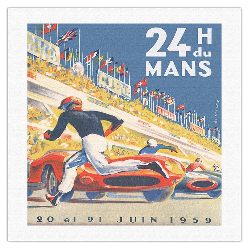 1959 Grand Prix - 24 hours of Le Mans France - Endurance Racing - Vintage Car Racing Poster by Michel Blignod c. 1959 - Fine Art Rolled Canvas Print 20in x 26in