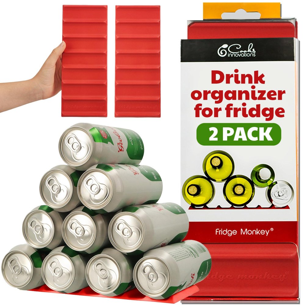 Cooks Innovations Drink Organizer for Fridge, 2 Pack Soda Can Refrigerator Organizers and Storage, Beer-Wine-Water Bottle Holder, Fridge Monkey - Durable Non-Slip&Roll