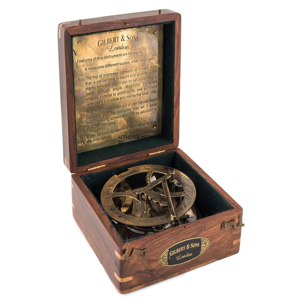 Top Grade 5-Inch Sundial Vintage Nautical Marine Compass with Wooden Box Antique Brass Sun Clock for Decoration, Navigation, Gifts Ship Replica Maritime Compass