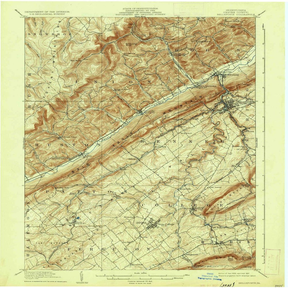 Bellefonte PA topo map, 1:62500 Scale, 15 X 15 Minute, Historical, 1909, Updated 1937, 19.9 x 16.6 in - Polypropylene