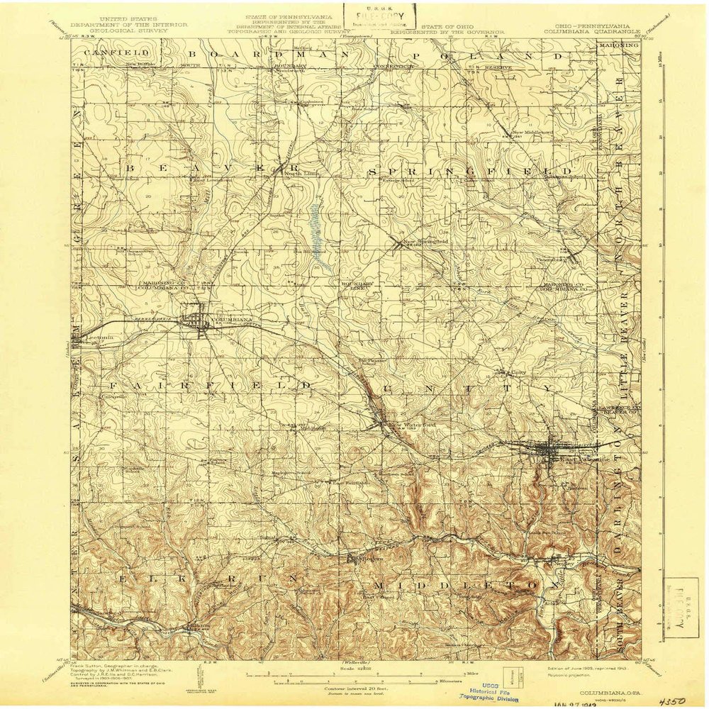 YellowMaps Columbiana OH topo map, 1:62500 Scale, 15 X 15 Minute, Historical, 1909, Updated 1943, 19.9 x 16.5 in - Polypropylene