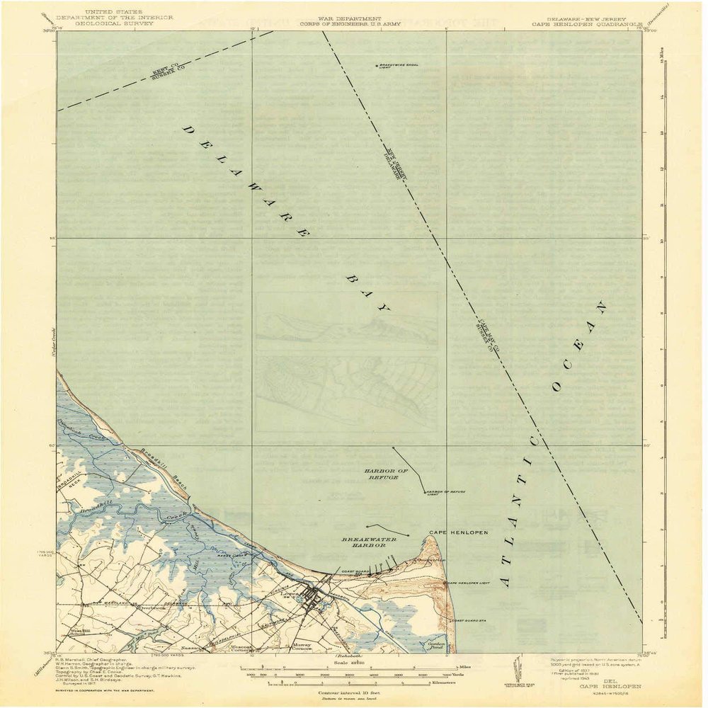Cape Henlopen DE topo map, 1:62500 Scale, 15 X 15 Minute, Historical, 1937, Updated 1943, 19.9 x 16.5 in - Polypropylene