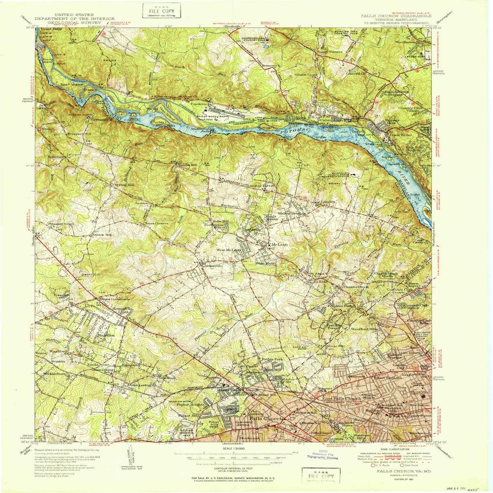 YellowMaps Falls Church VA topo map, 1:24000 Scale, 7.5 X 7.5 Minute, Historical, 1951, 27 x 22 in - Polypropylene