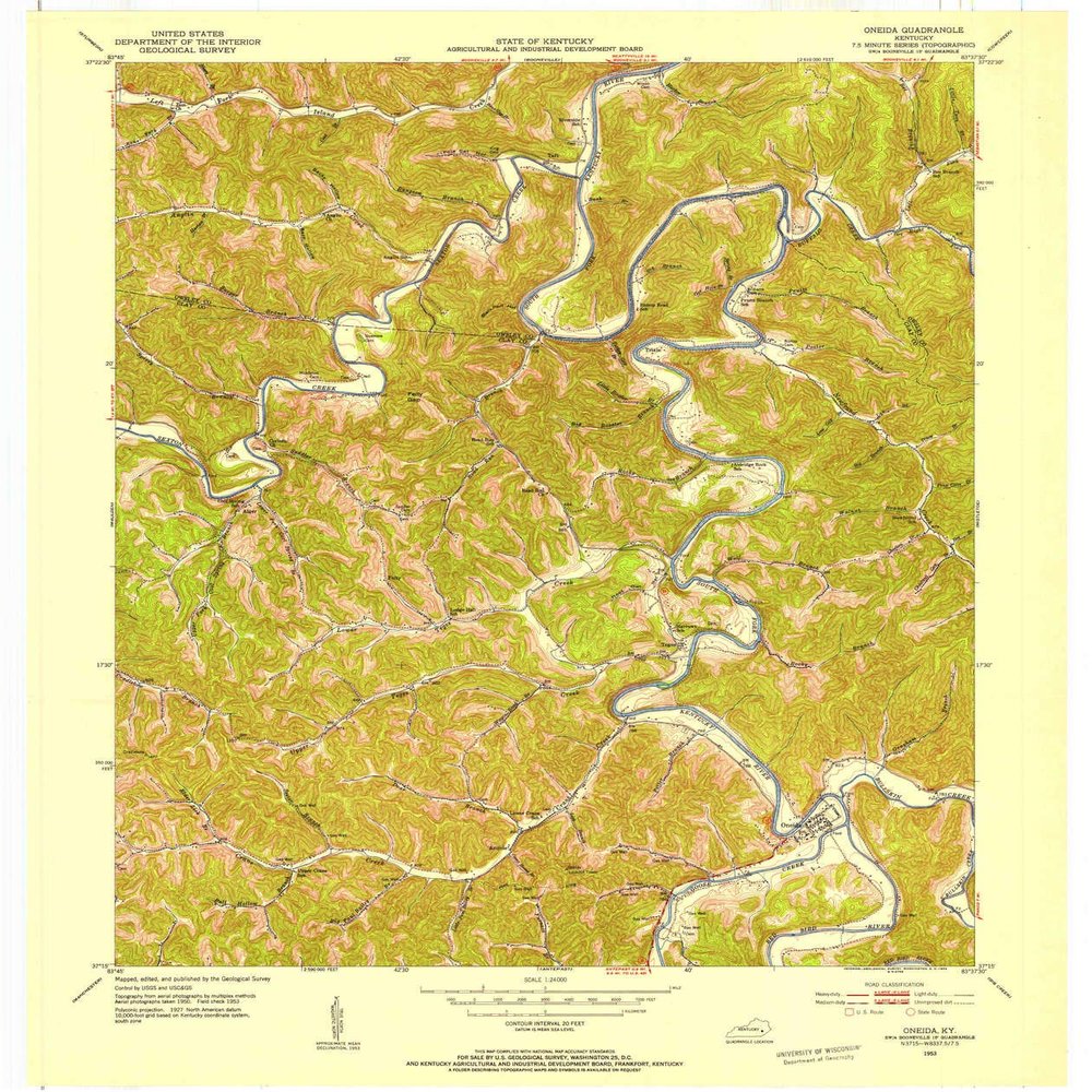 YellowMaps Oneida KY topo map, 1:24000 Scale, 7.5 X 7.5 Minute, Historical, 1953, Updated 1954, 27.4 x 23 in - Polypropylene