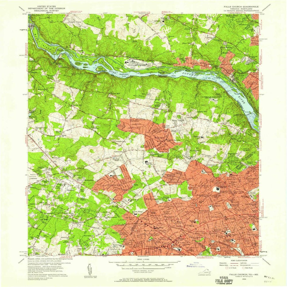 YellowMaps Falls Church VA topo map, 1:24000 Scale, 7.5 X 7.5 Minute, Historical, 1956, Updated 1958, 27 x 22 in - Polypropylene