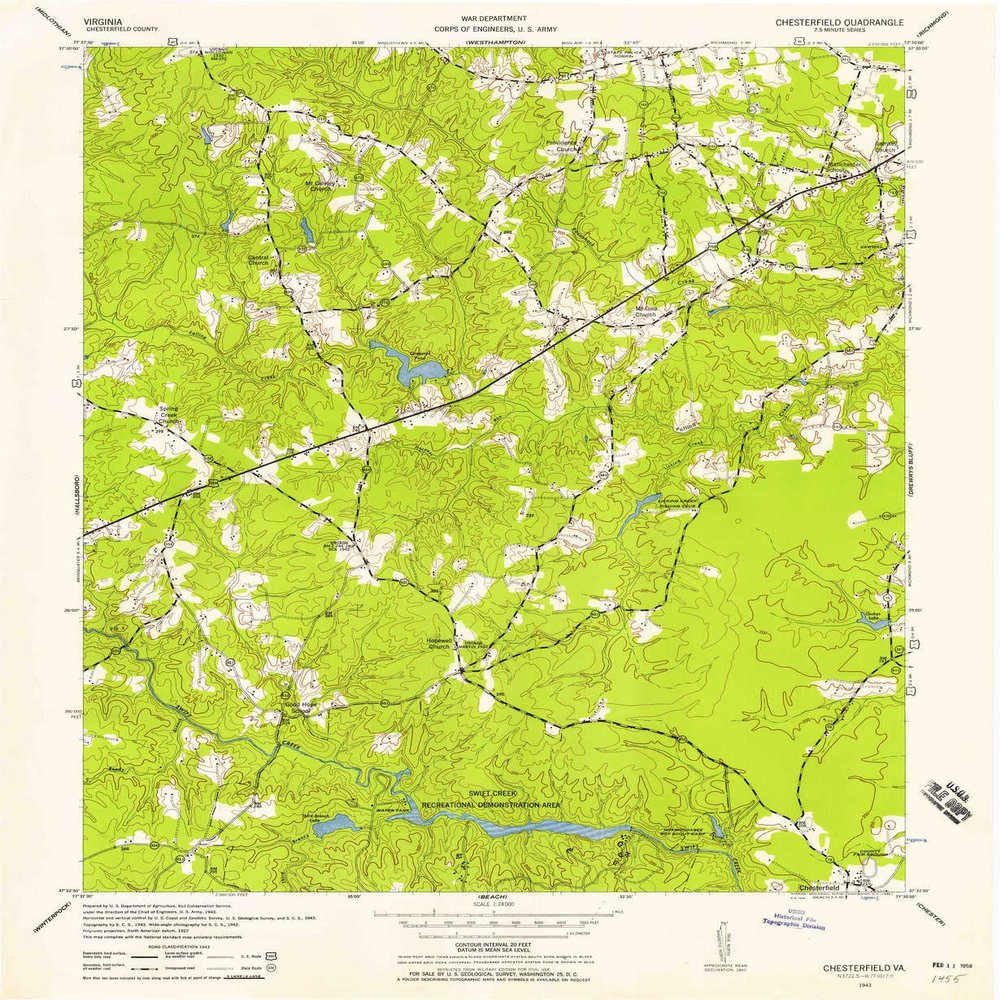 YellowMaps Chesterfield VA topo map, 1:24000 Scale, 7.5 X 7.5 Minute, Historical, 1943, Updated 1958, 26.9 x 22.1 in - Polypropylene