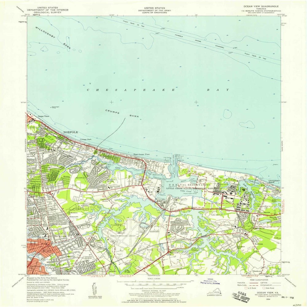 YellowMaps Ocean View VA topo map, 1:24000 Scale, 7.5 X 7.5 Minute, Historical, 1954, Updated 1958, 27 x 22.1 in - Polypropylene