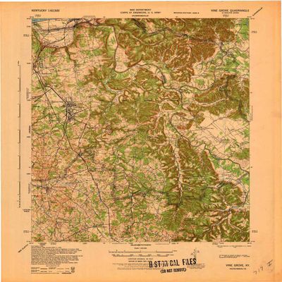 YellowMaps Vine Grove KY topo map, 1:62500 Scale, 15 X 15 Minute, Historical, 1943, 22 x 17.9 in - Polypropylene