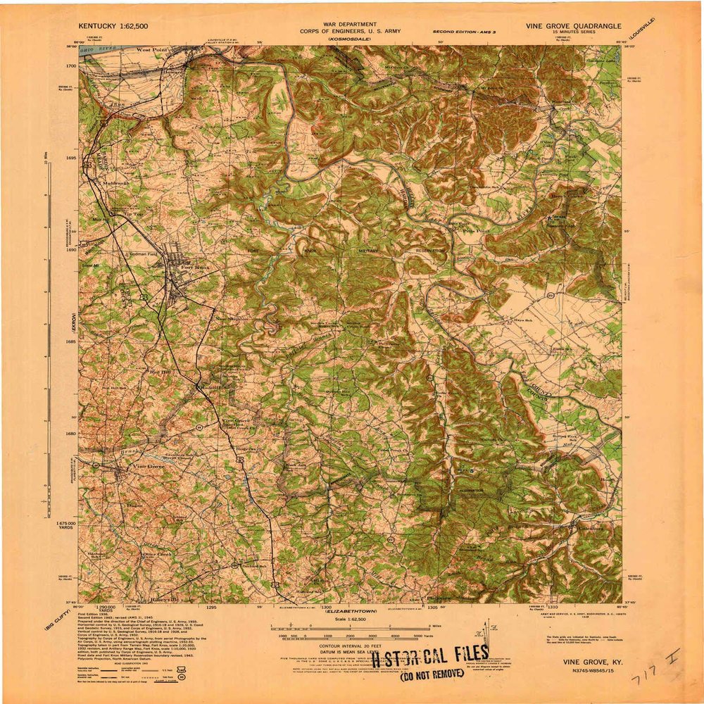 YellowMaps Vine Grove KY topo map, 1:62500 Scale, 15 X 15 Minute, Historical, 1943, 22 x 17.9 in - Polypropylene