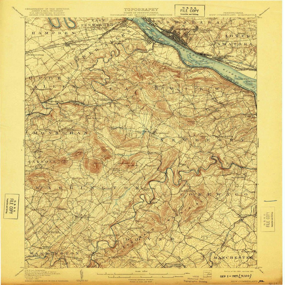 YellowMaps New Cumberland PA topo map, 1:62500 Scale, 15 X 15 Minute, Historical, 1906, Updated 1921, 19.9 x 16.5 in - Polypropylene