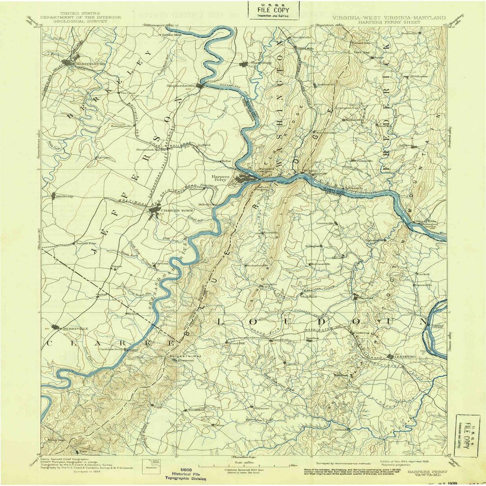 YellowMaps Harpers Ferry VA topo map, 1:125000 Scale, 30 X 30 Minute, Historical, 1893, Updated 1939, 19.8 x 16.3 in - Polypropylene