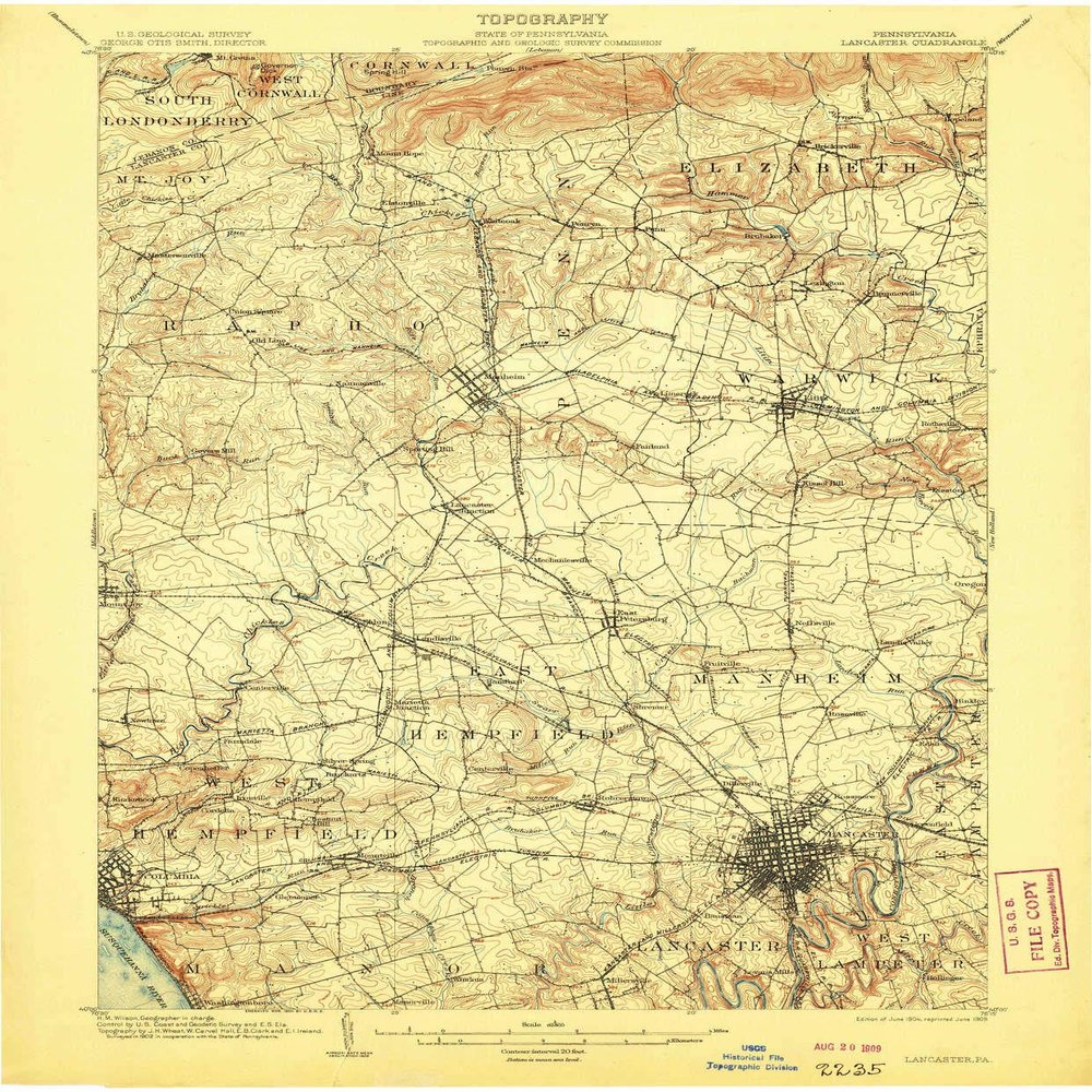 YellowMaps Lancaster PA topo map, 1:62500 Scale, 15 X 15 Minute, Historical, 1904, Updated 1909, 19.9 x 16.5 in - Polypropylene
