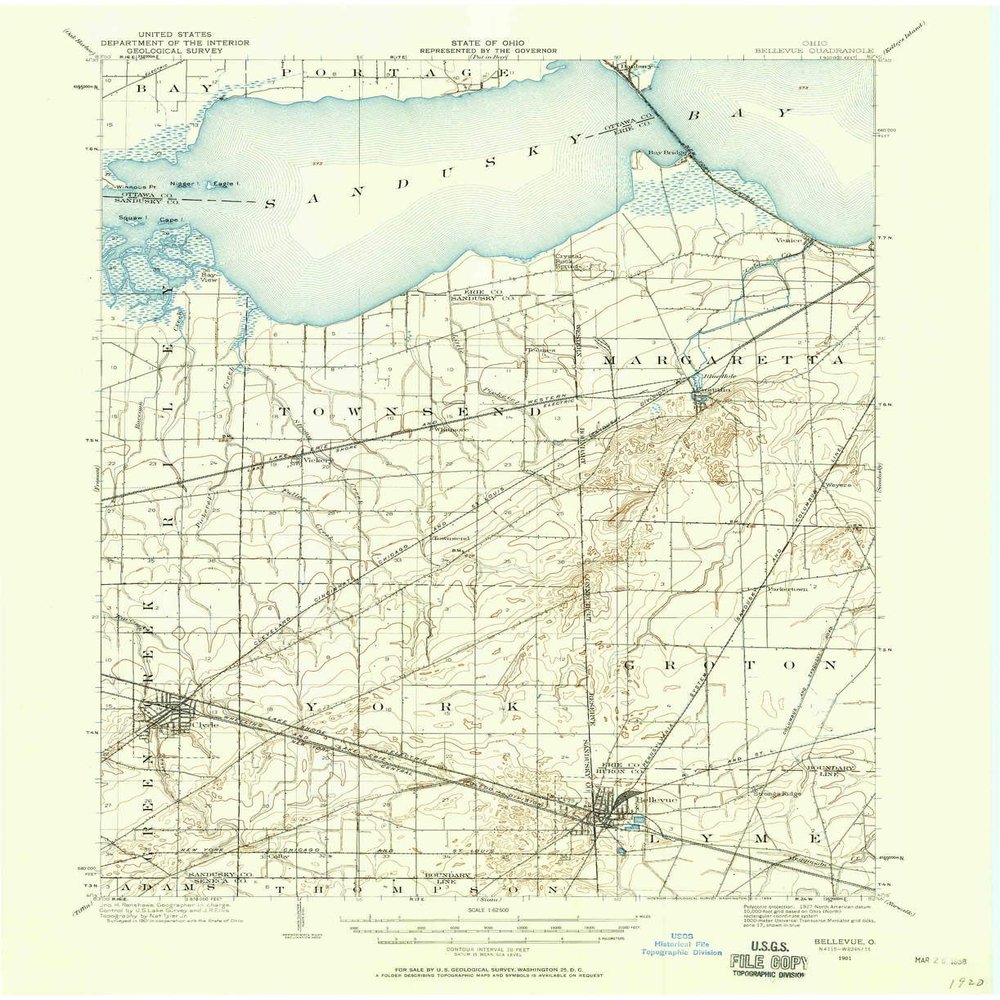 YellowMaps Bellevue OH topo map, 1:62500 Scale, 15 X 15 Minute, Historical, 1901, Updated 1958, 20.9 x 17 in - Polypropylene