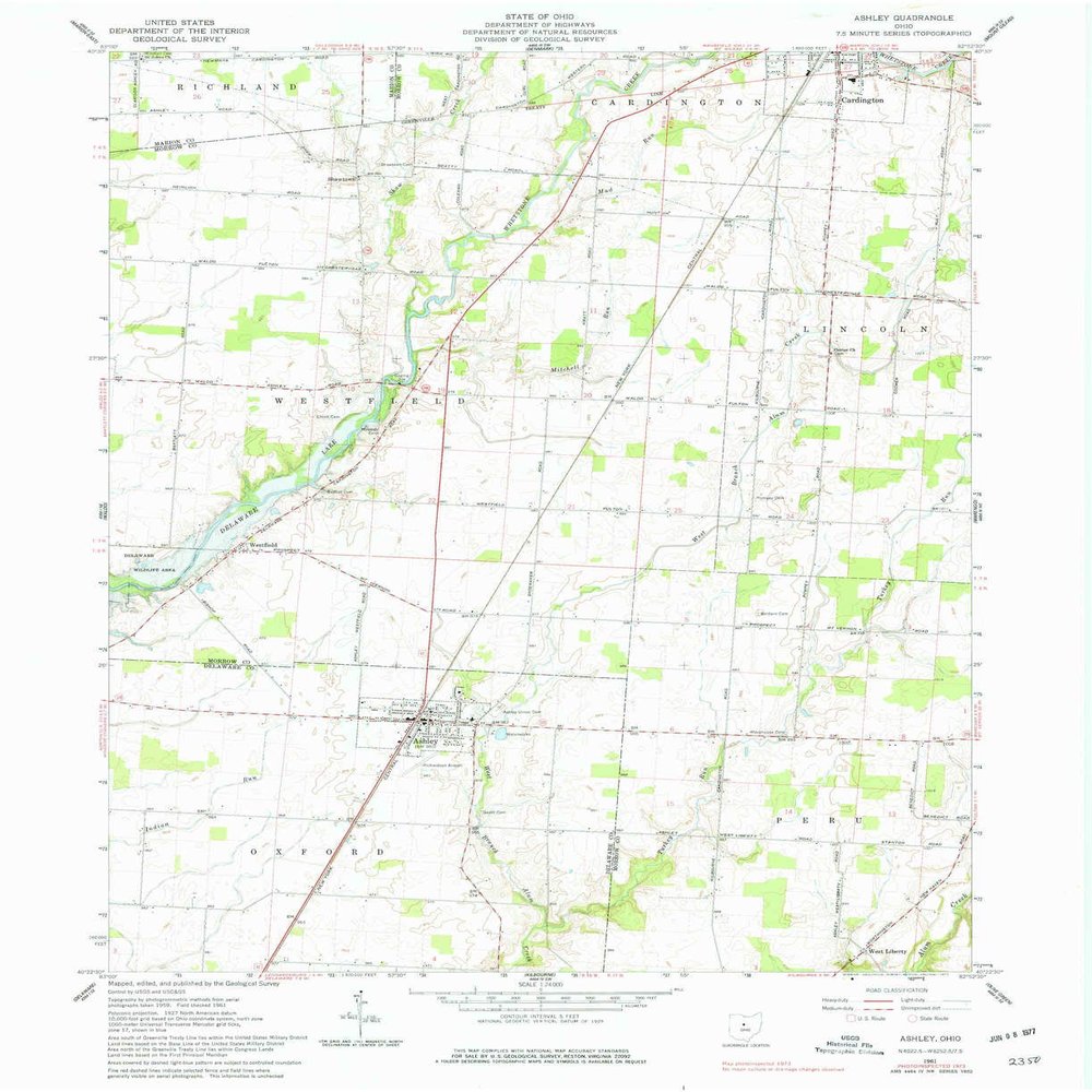 YellowMaps Ashley OH topo map, 1:24000 Scale, 7.5 X 7.5 Minute, Historical, 1961, Updated 1977, 27 x 22 in - Polypropylene