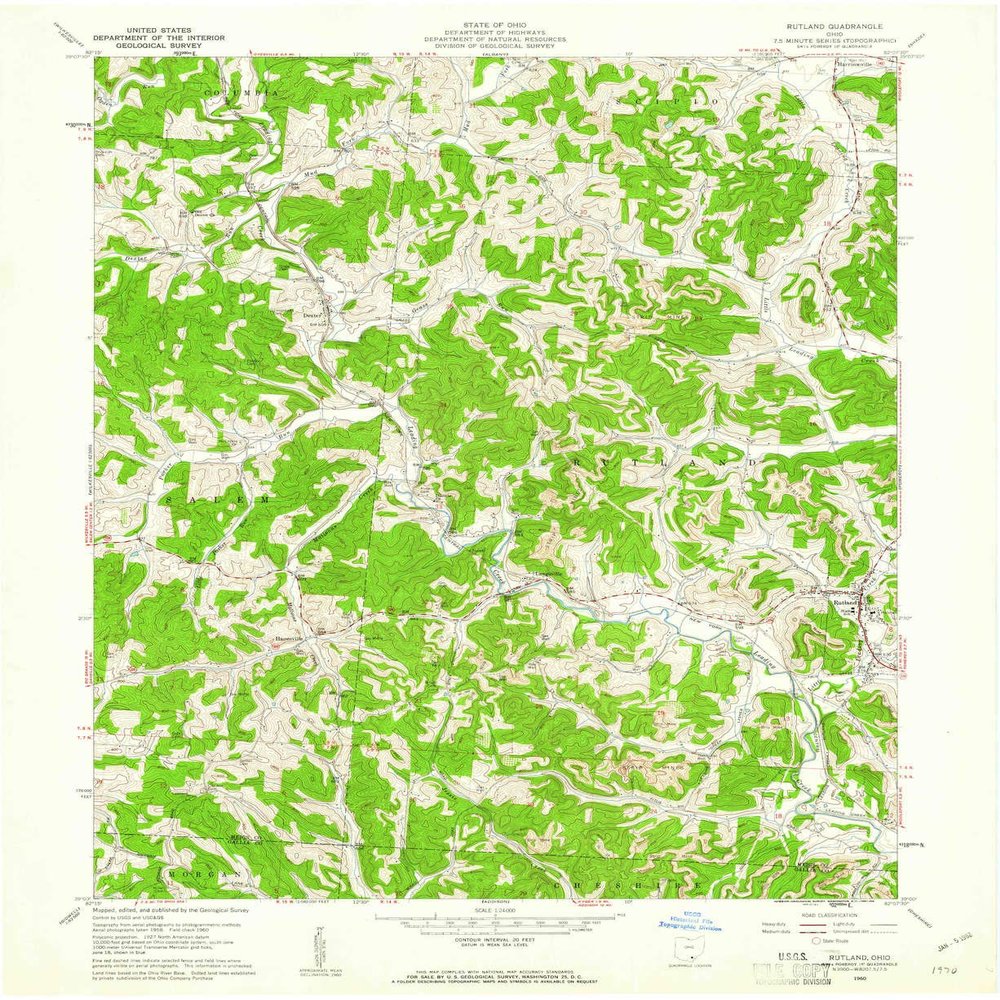 YellowMaps Rutland OH topo map, 1:24000 Scale, 7.5 X 7.5 Minute, Historical, 1960, Updated 1961, 27 x 22 in - Polypropylene