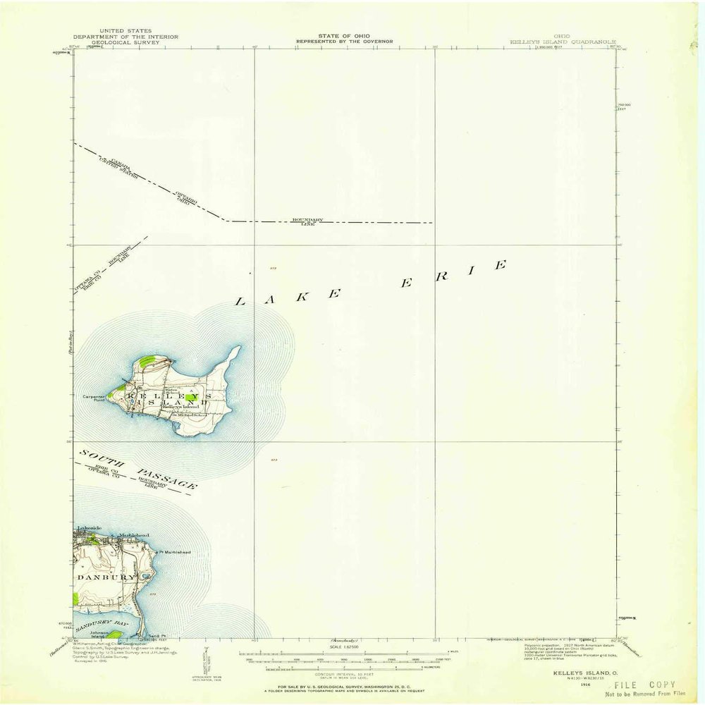 Kelleys Island OH topo map, 1:62500 Scale, 15 X 15 Minute, Historical, 1916, Updated 1958, 20.9 x 17 in - Polypropylene