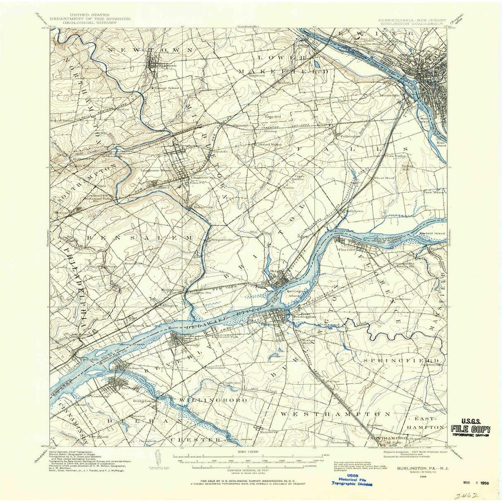 YellowMaps Burlington NJ topo map, 1:62500 Scale, 15 X 15 Minute, Historical, 1904, Updated 1958, 20.9 x 17 in - Polypropylene