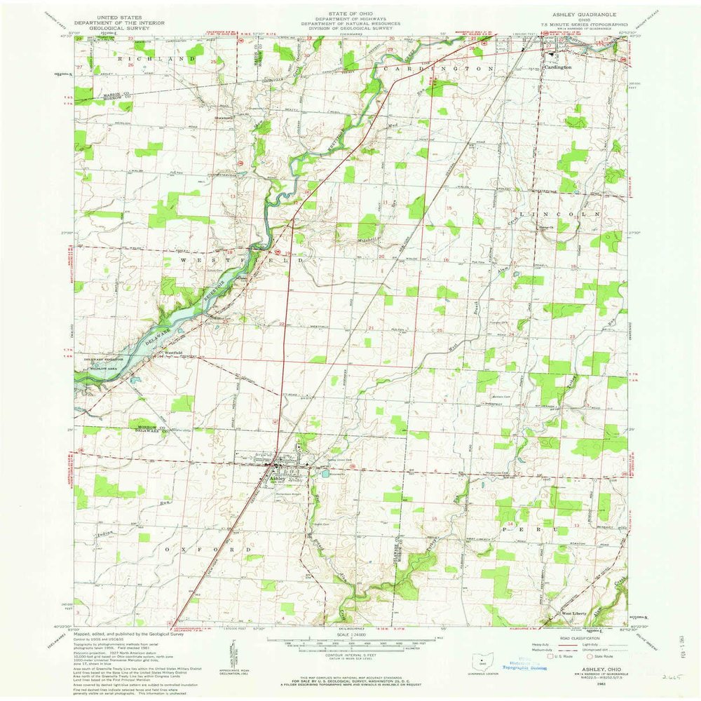 YellowMaps Ashley OH topo map, 1:24000 Scale, 7.5 X 7.5 Minute, Historical, 1961, Updated 1963, 27 x 22 in - Polypropylene