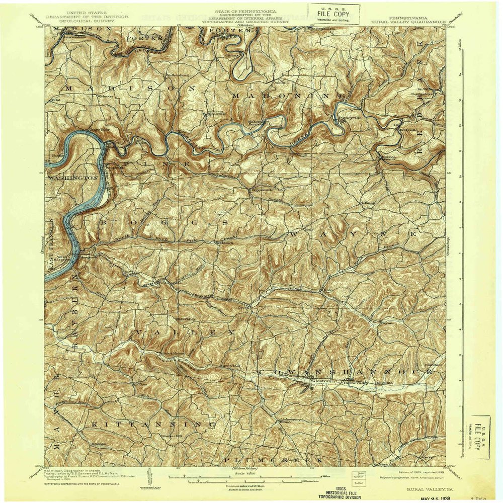 YellowMaps Rural Valley PA topo map, 1:62500 Scale, 15 X 15 Minute, Historical, 1903, Updated 1939, 19.9 x 16.5 in - Polypropylene