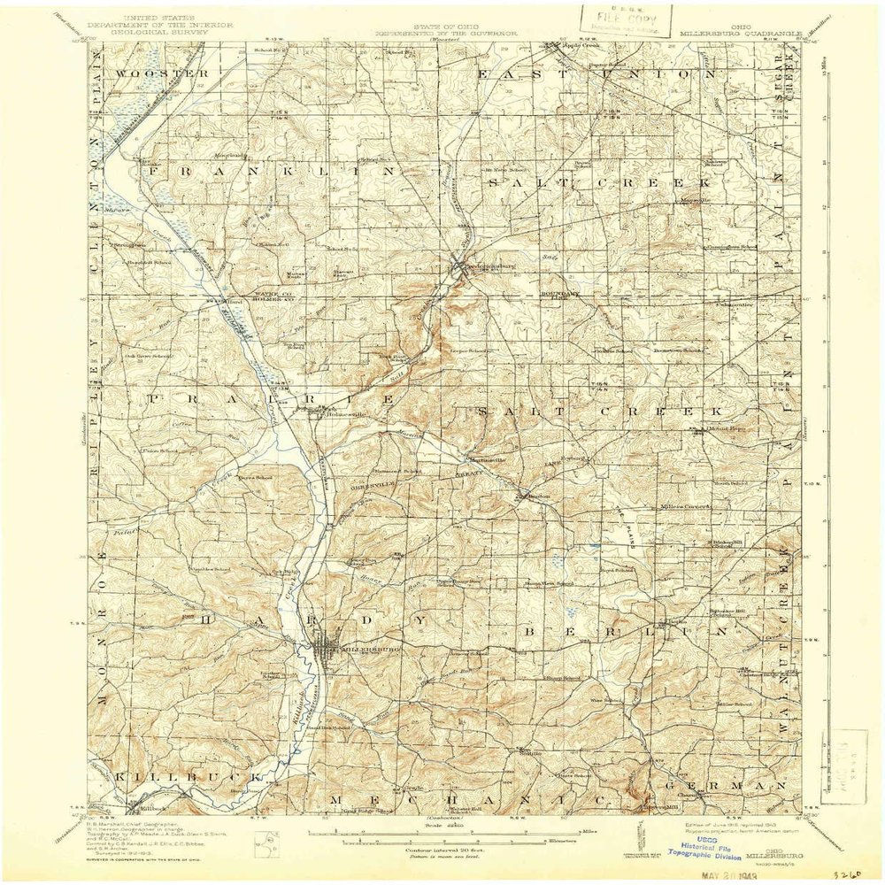 YellowMaps Millersburg OH topo map, 1:62500 Scale, 15 X 15 Minute, Historical, 1915, Updated 1943, 19.9 x 16.5 in - Polypropylene