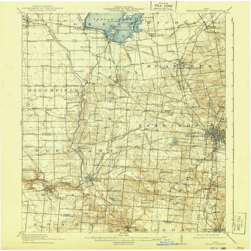 Bellefontaine OH topo map, 1:62500 Scale, 15 X 15 Minute, Historical, 1915, Updated 1940, 19.9 x 16.5 in - Polypropylene