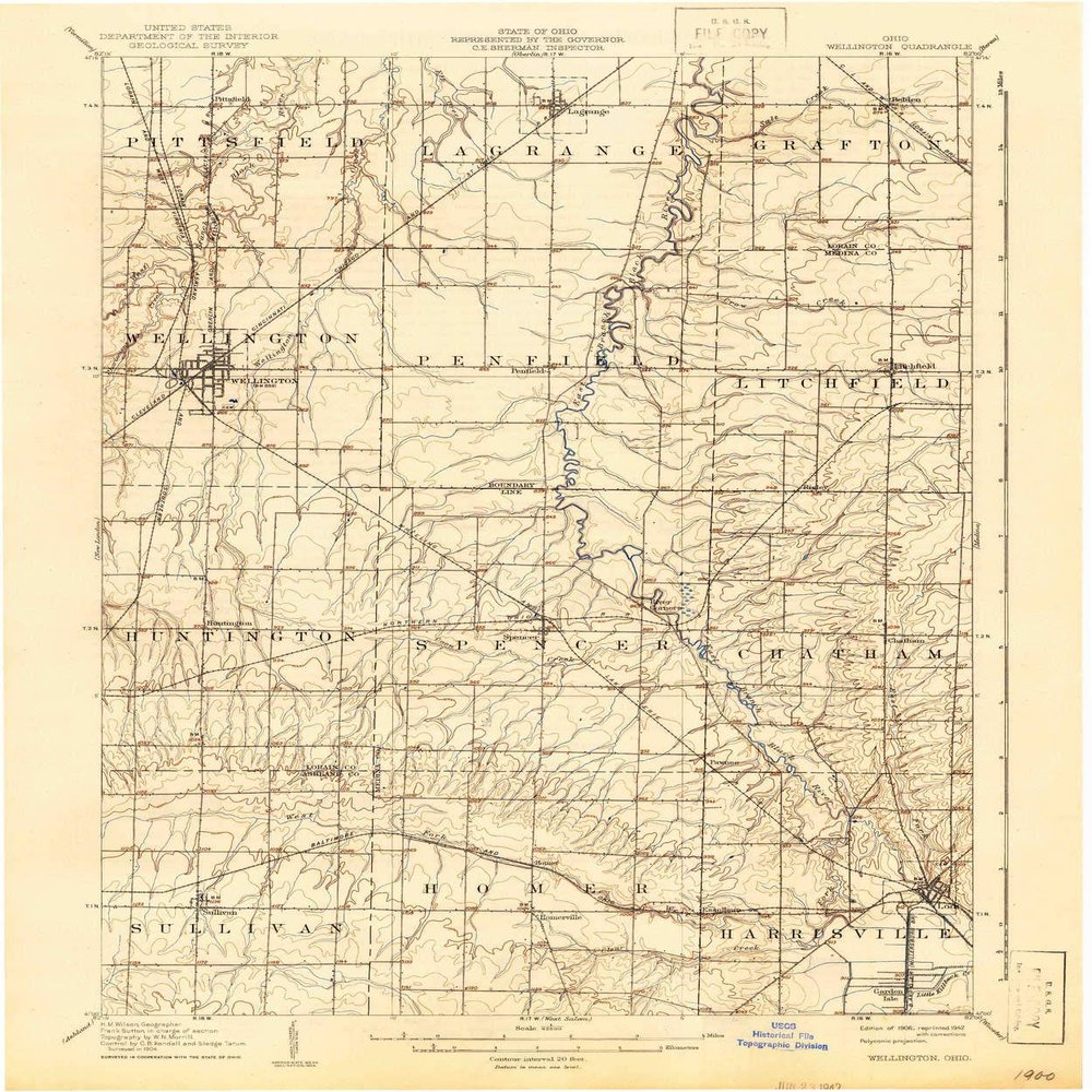 Wellington OH topo map, 1:62500 Scale, 15 X 15 Minute, Historical, 1906, Updated 1942, 19.9 x 16.5 in - Polypropylene