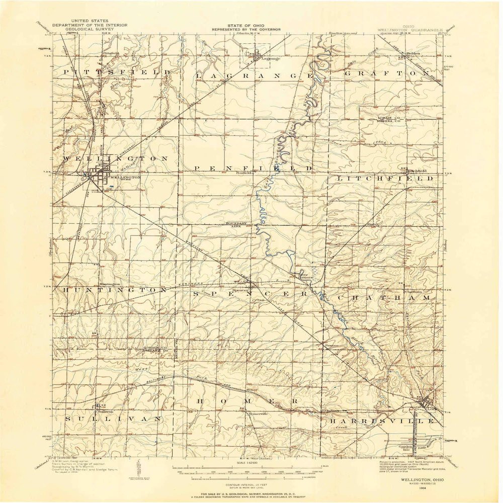 Wellington OH topo map, 1:62500 Scale, 15 X 15 Minute, Historical, 1904, Updated 1958, 20.8 x 17.1 in - Tyvek