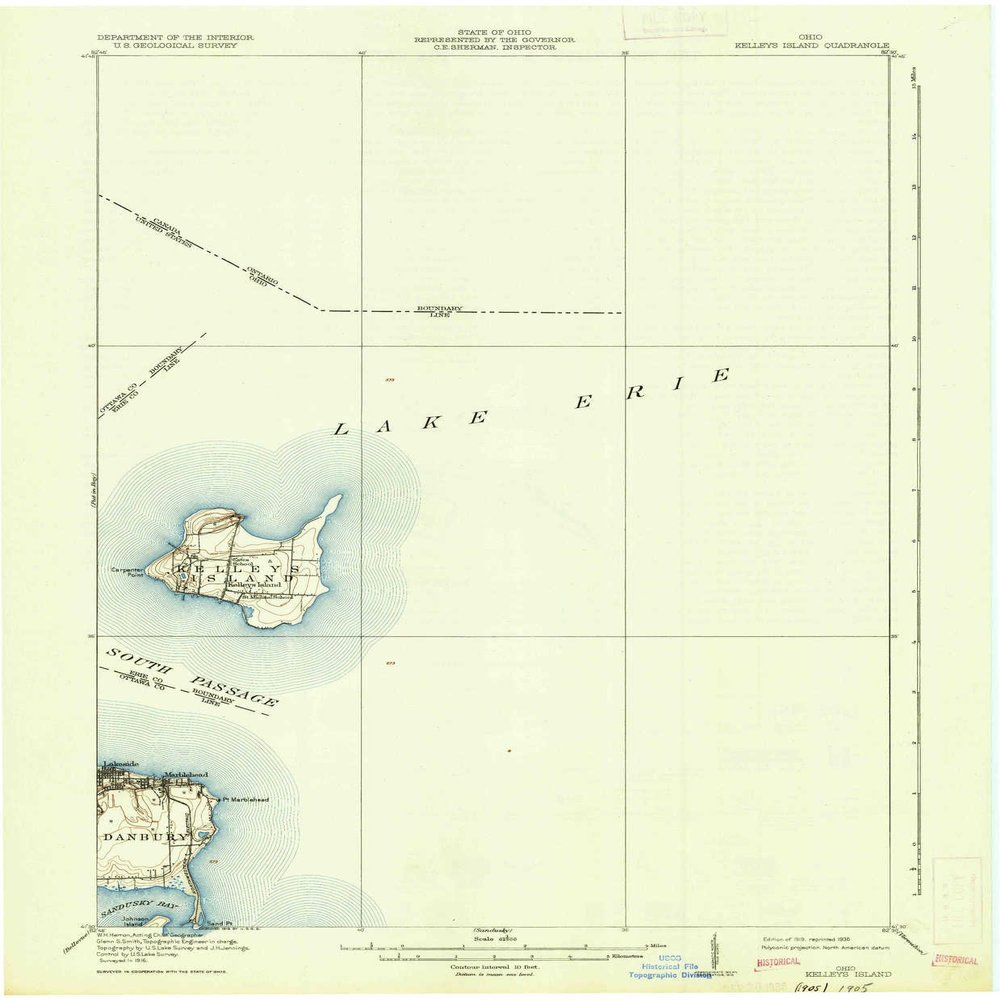 Kelleys Island OH topo map, 1:62500 Scale, 15 X 15 Minute, Historical, 1919, Updated 1936, 20 x 16.5 in - Polypropylene