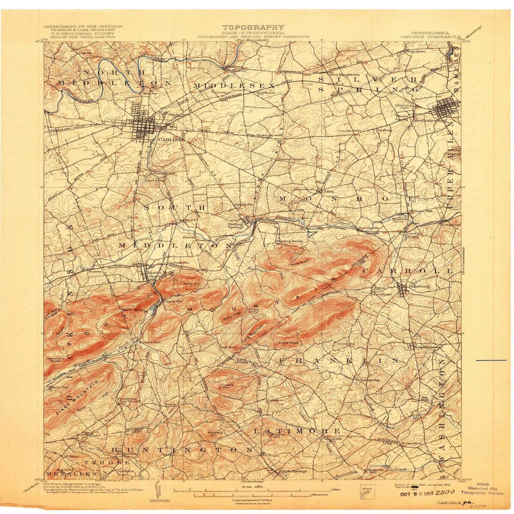 YellowMaps Carlisle PA topo map, 1:62500 Scale, 15 X 15 Minute, Historical, 1904, Updated 1917, 20.4 x 16.5 in - Polypropylene