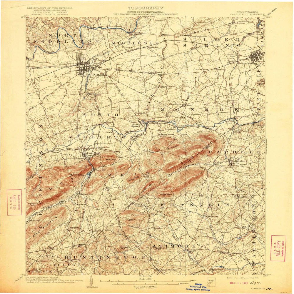 YellowMaps Carlisle PA topo map, 1:62500 Scale, 15 X 15 Minute, Historical, 1904, Updated 1921, 19.8 x 16.5 in - Polypropylene