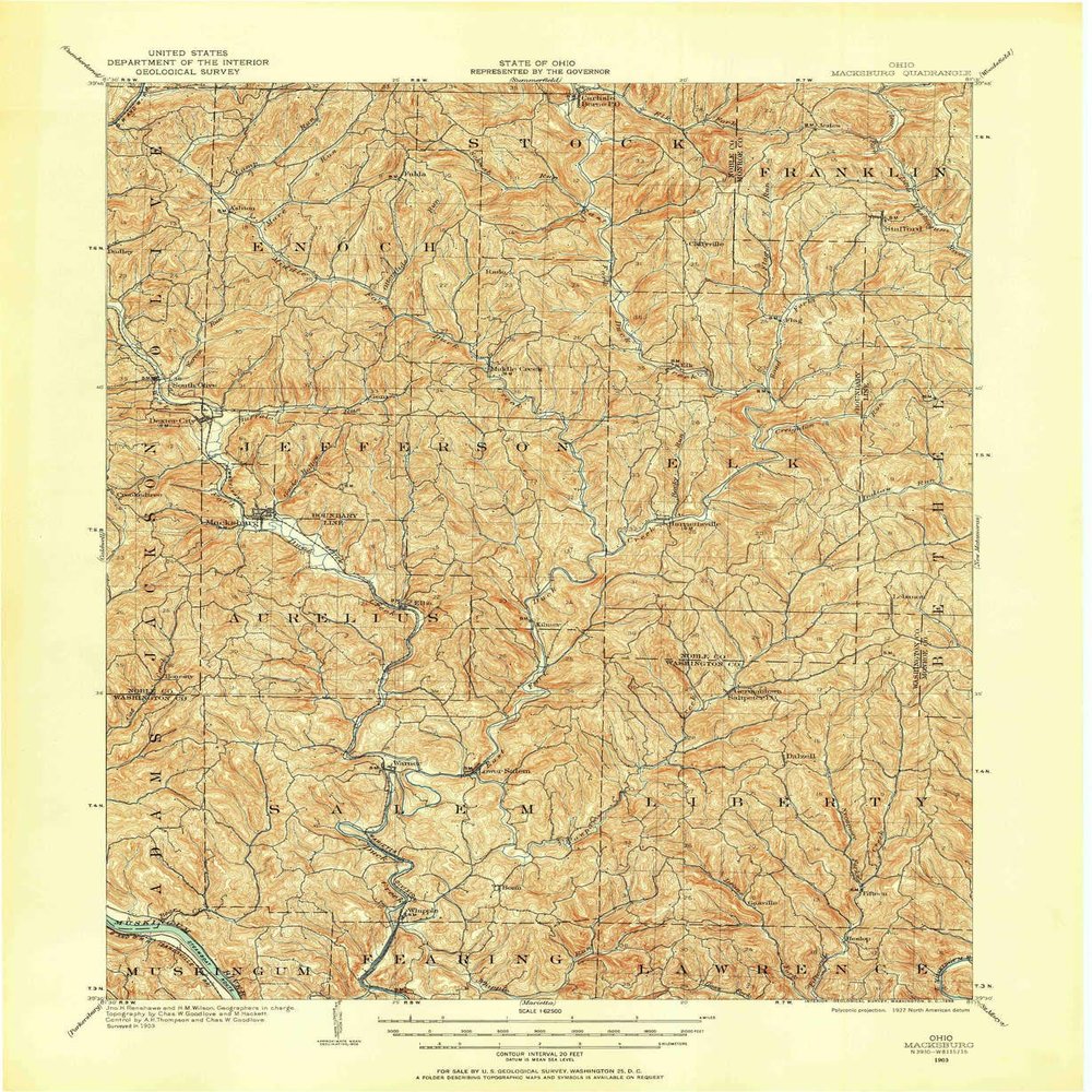 YellowMaps Macksburg OH topo map, 1:62500 Scale, 15 X 15 Minute, Historical, 1903, Updated 1958, 20.8 x 17 in - Polypropylene