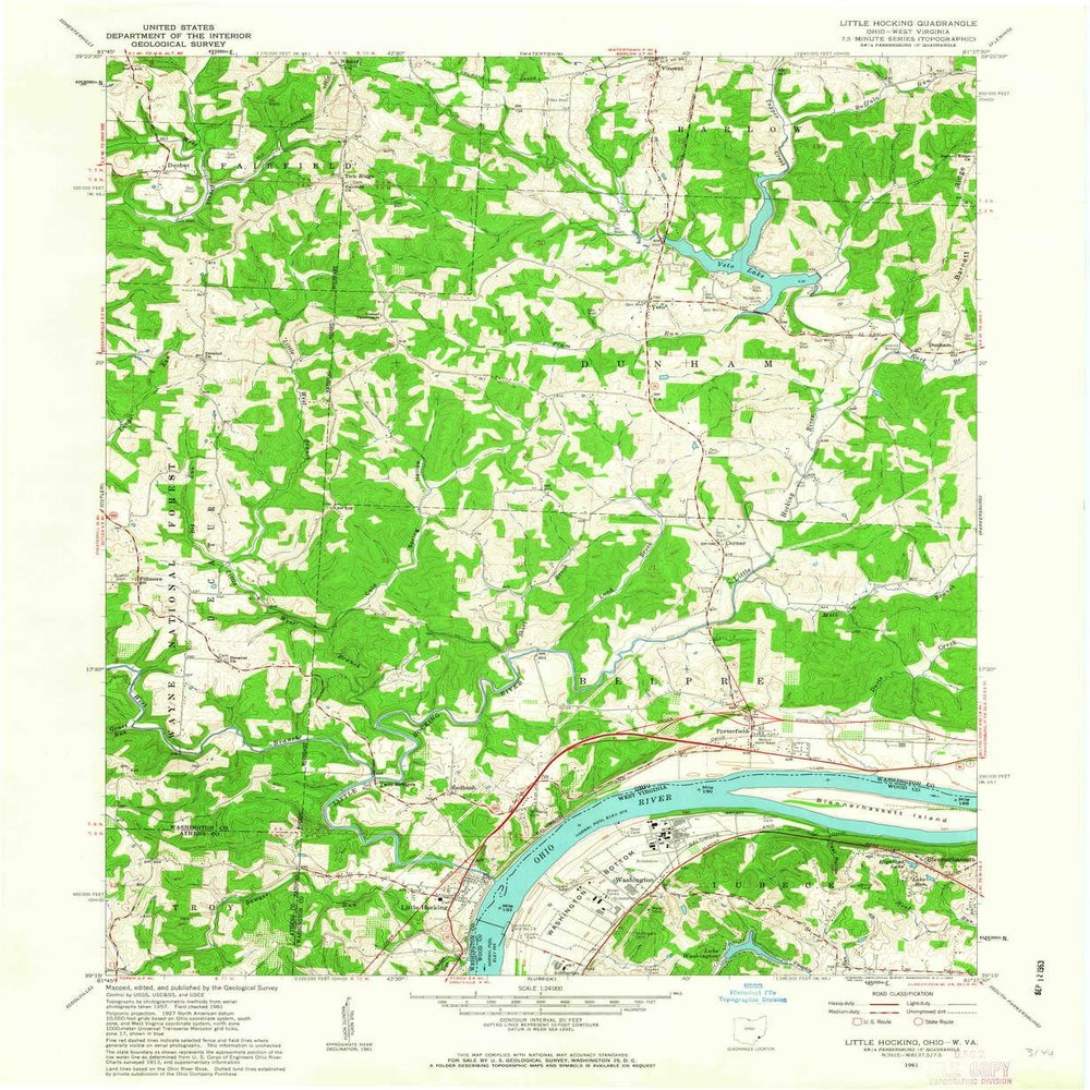 YellowMaps Little Hocking OH topo map, 1:24000 Scale, 7.5 X 7.5 Minute, Historical, 1961, Updated 1963, 26.8 x 22.1 in - Polypropylene